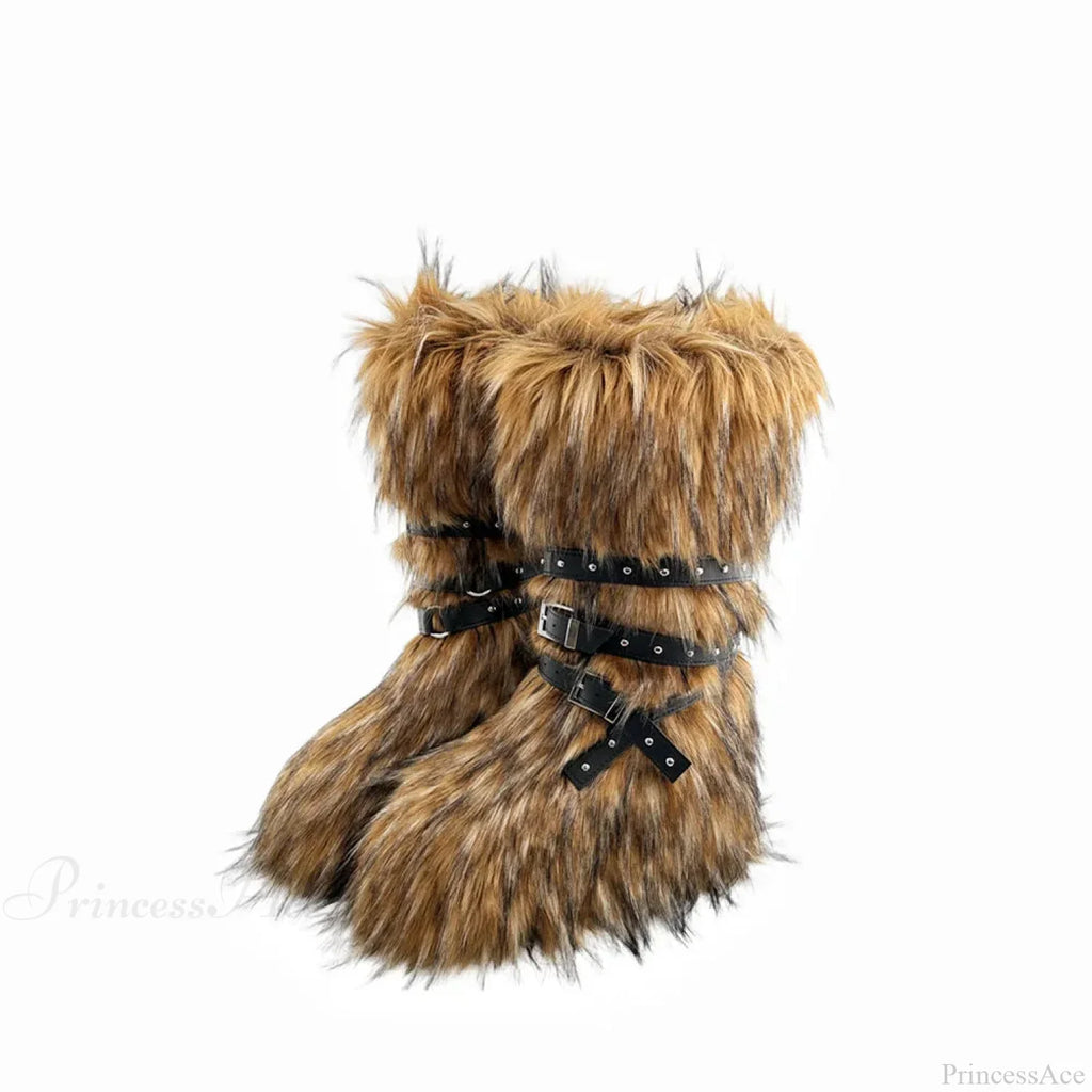 False Hair Wedge Platform Brown Gothic Winter Knee Boot