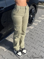 Fashion Baggy Cargo Big Pockets Pants Vintage Slim Y2k Women Waist Denim ArmyGreen High Khaki Streetwear Trousers