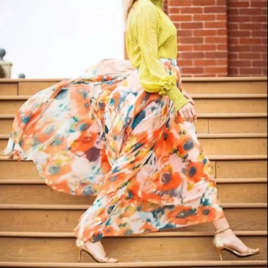 Fashion Boho Chiffon Floral Long High Waist Pleated Skirt