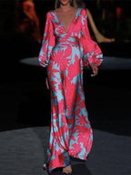 Deep V Neck Lantern Sleeve Dress