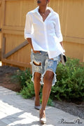 Fashion Holes Ripped Straight Denim Shorts Summer Streetwear Knee Length Women Shorts High Waist Casual Jean