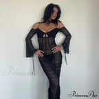 Fashion Mesh See Through Tie Front Maxi Dress
