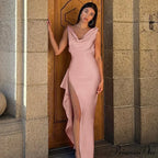 Fashion Open Back Ruffle Slit Backless Maxi Dress