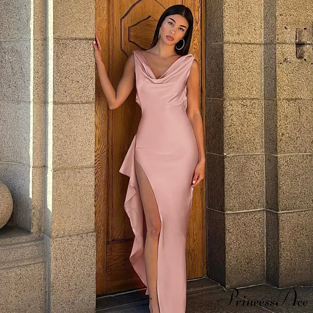 Fashion Open Back Ruffle Slit Backless Maxi Dress