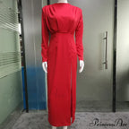 Fashion Pleated High Split Long Sleeve Maxi Dress