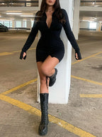 Pleated V neck Long sleeved Bodycon Dress