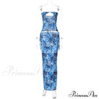 Fashion Print Sexy Cut Out Strapless Lace Up Maxi Dress
