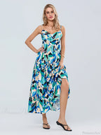 Fashion Print Spaghetti Strap Backless Sweetheart Flowy Cami Floral Dress