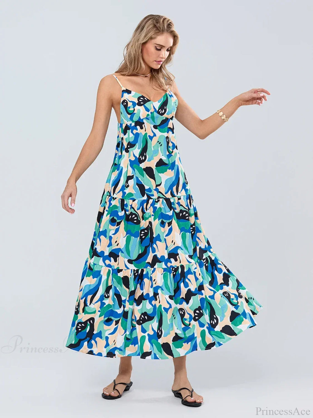 Fashion Print Spaghetti Strap Backless Sweetheart Flowy Cami Floral Dress