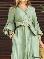 Fashion Ruffle Women's Shirt Casual V Neck Lantern Sleeve With Pocket Long Skirt Spring Lady Streetwear Midi Dress