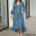 Fashion Ruffle Women's Shirt Casual V Neck Lantern Sleeve With Pocket Long Skirt Spring Lady Streetwear Midi Dress