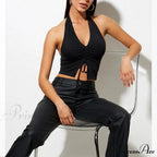 Fashion Women Lace Up Halter Black Sleeveless Drawstring Slim Fit Crop Club Summer Camis Streetwear Tank top
