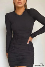Fashionable Autumn Winter Sexy Elegant Solid Long Sleeve Mini Bodycon Dress