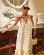 Fashionable neck floral floor sweeping cake dress