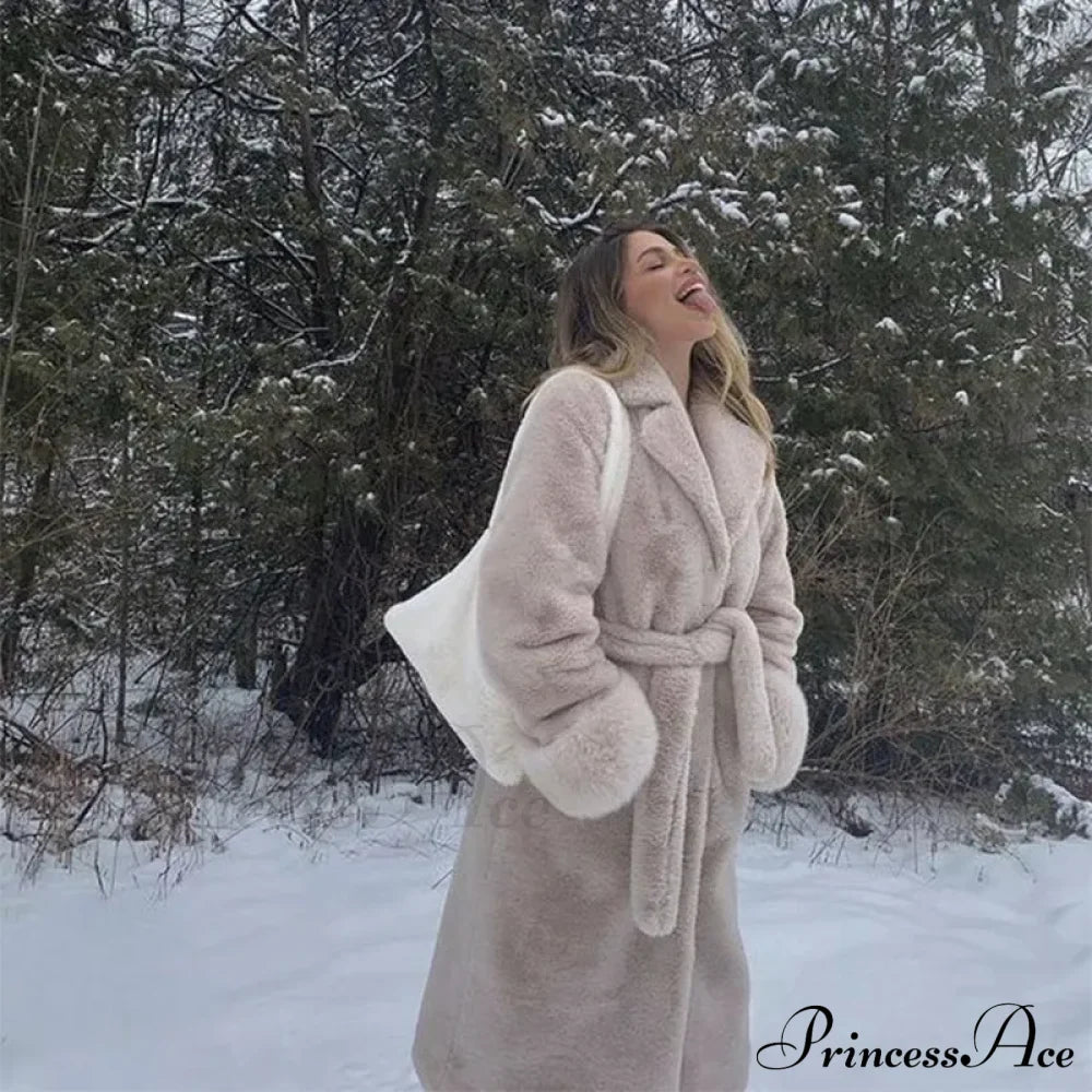 Faux Fur Stylish Long Belted Coat