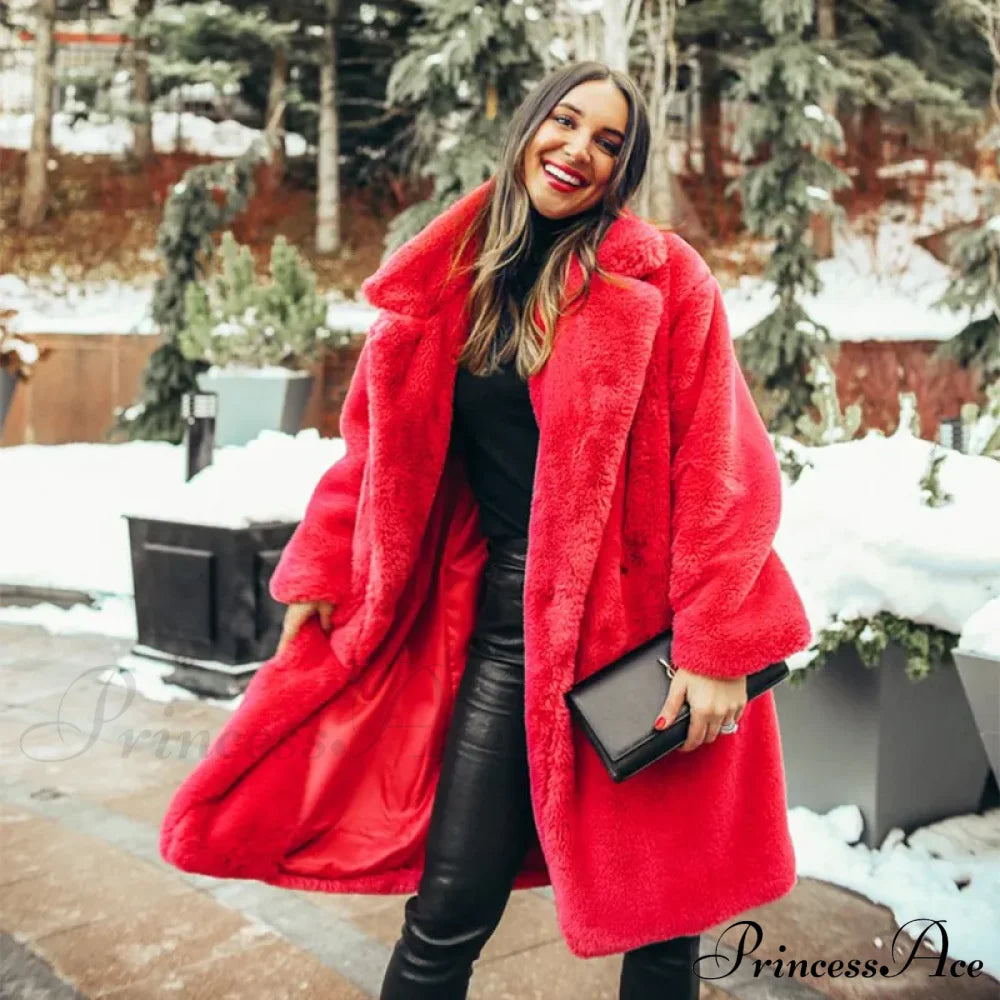 Faux Fur Stylish Long Belted Coat