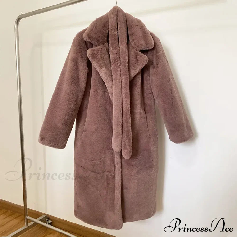 Faux Fur Stylish Long Belted Coat