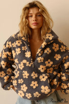 Faux Sherpa Printed Loose Zip Sweatshirt