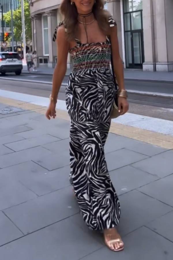 Zebra Print Contrast Ethnic Smocked Waist Cami Maxi Dress