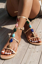 Buckle Strap Colorful Pearl Beach Resort Style Flat Sandals