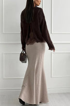 Caitlin Knit Lace Trim Patchwork Long Sleeve Back Slit Relaxed Sweater