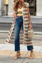 Colorful Striped Knitted Sleeveless Long Cardigan