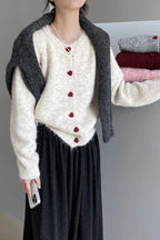 Oversized Heart Button Round Neck Cardigan