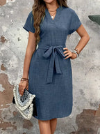Hannah Elevated Short Sleeved V Neck Dress with Self Tie Belt Chic Silhouette Collection