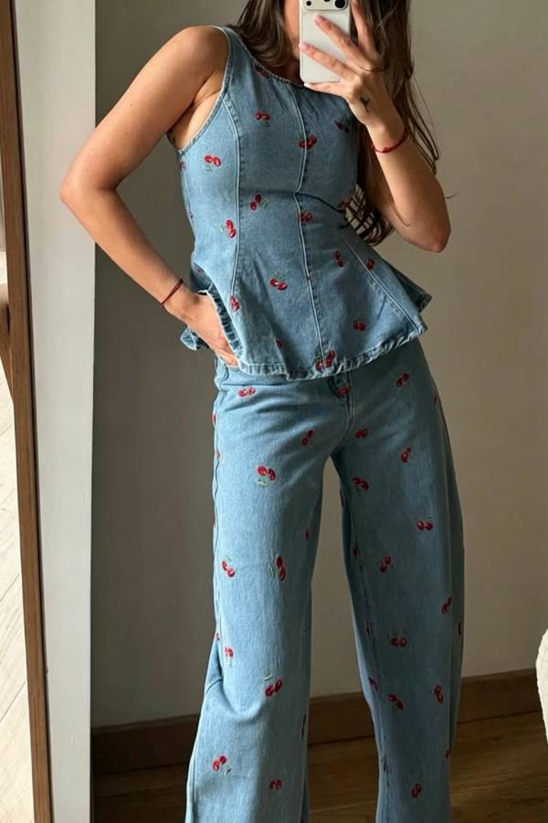 Sweet Casual Denim Cherry Print Princess Seams Flare Vest Top