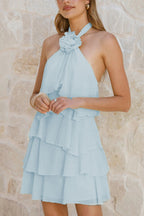 Solid Color Chiffon Halter Neck Backless Layered Ruffle Mini Dress