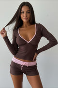Cross V Neck Contrast Slim Long Sleeve Two Piece Set