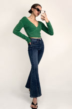 Green Mohair Fuzzy Surplice Cropped Sweater