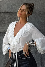 Lantern Sleeve Ruffled V Neck Tie Waist Elegant Blouse