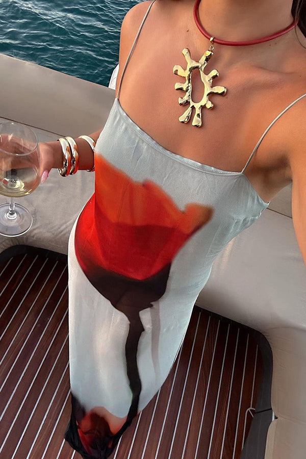 Passionate wine glass flower abstract tulip print H-shaped casual long dress