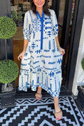 Women's Button V Neck Geometric Print Dress