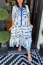 Women's Button V Neck Geometric Print Dress