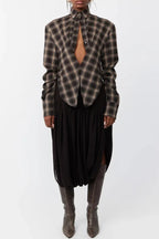 Vintage Plaid Shoulder Pad Buttons Long Sleeve Angled Hem Shirt