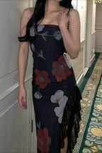 Off Shoulder Mesh Strapless Slit Slim Floral Dress