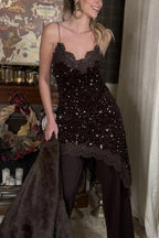 Soraia Velvet Sequin Lace Trim Irregular Hem Slip Mini Dress