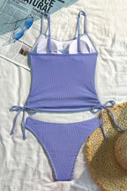 Plaid Ruched Backless Striped Two Piece Swim Set