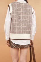 Khaki Plaid V-Neck Sleeveless Striped Sweater Vest