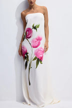 Garden Wedding Painted Roses Print Strapless A-line Maxi Dress