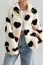Fuzzy Heart Print Oversized Long Sleeve Zip Coat
