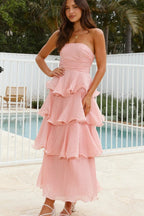 Fashion Strapless Backless Ruffle Tiered Midi Dress