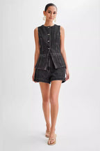 Casual High Waist Vest Denim Shorts Set