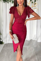 Romilly Elevated Dreamy, Luxurious Lace and Satin Ruffle Sleeve Patchwork Midi Dress Statement Occasion Edit