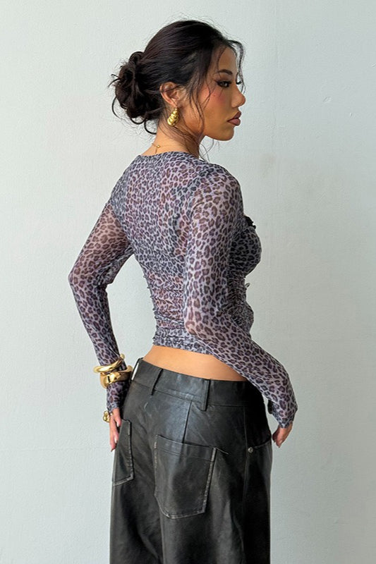 Leopard Print Fake Two-Piece Slim Long-Sleeve Blouse