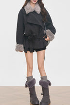 Petite Faux Fur Collar Thick Wool Blend Chic Coat