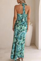 Floral Print Sleeveless Halter Neck Tie Holiday Maxi Dress