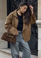 Sienna Faux Suede Bomber Jacket – Oversized Zip-Up with Drop Shoulders